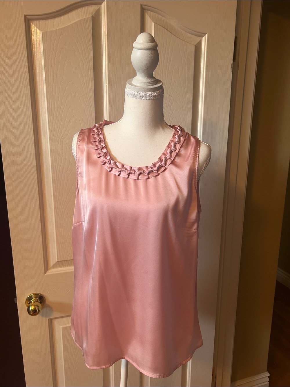 Tahari Pink Satin Sleeveless Shell with Braided Neckline